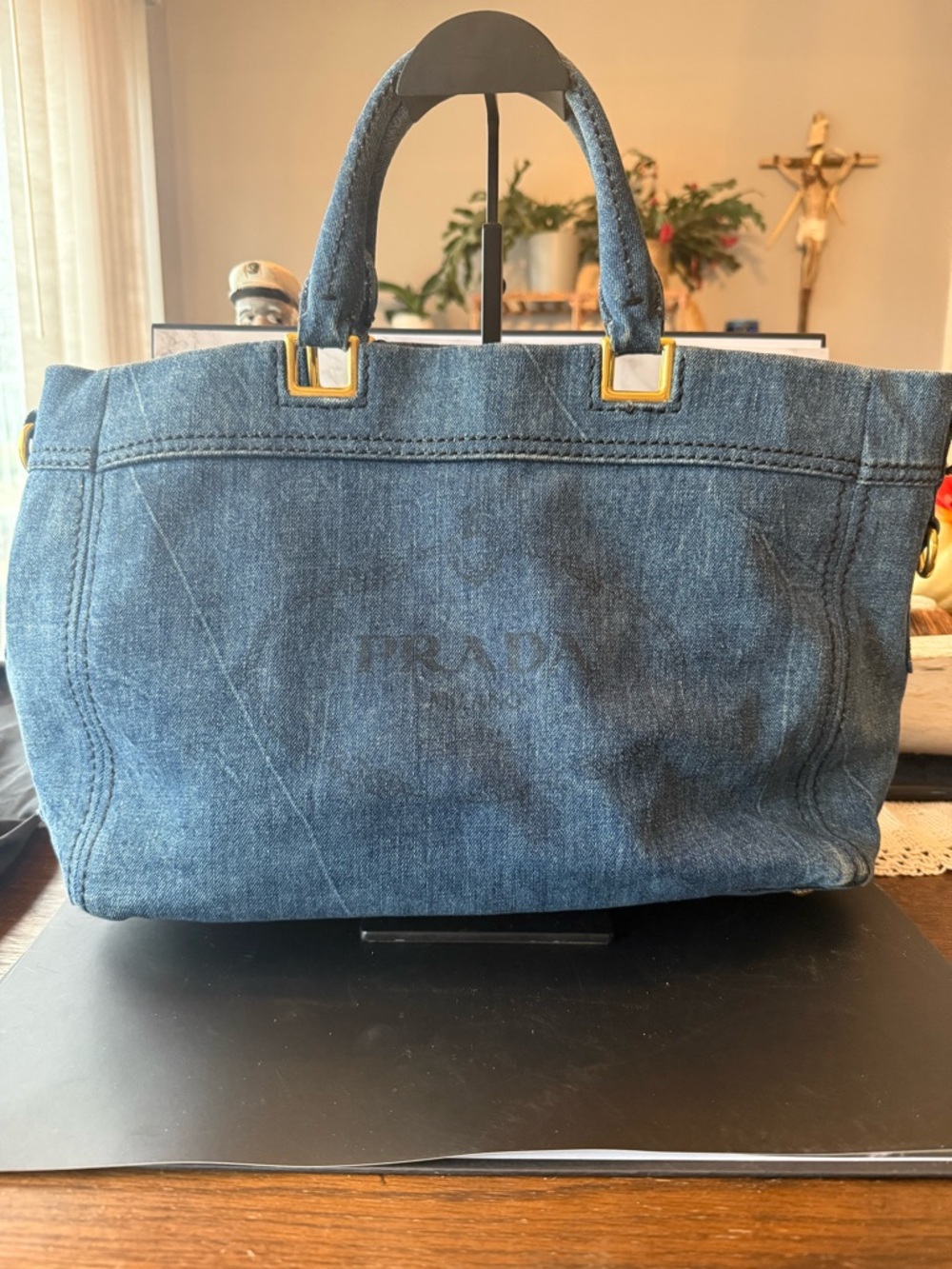 Prada Denim Tote in Dark Blue with Gold Accents - Picture 2 of 11